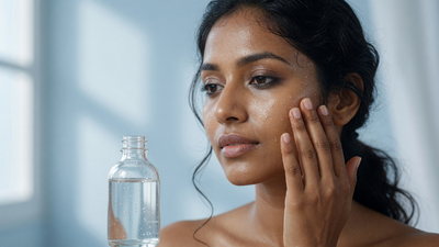 Indian woman with hydrated, glowing skin patting her cheek beside a clear bottle of glycerin