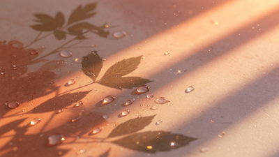 Warm morning sunlight and dewy botanical shadows on a cream surface — fading a facial tan safely on Indian skin with The Element brightening routine.