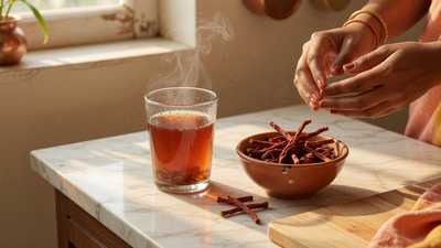 Hands preparing manjistha herbal tea with dried manjistha root and a steaming glass of reddish tea in a bright kitchen