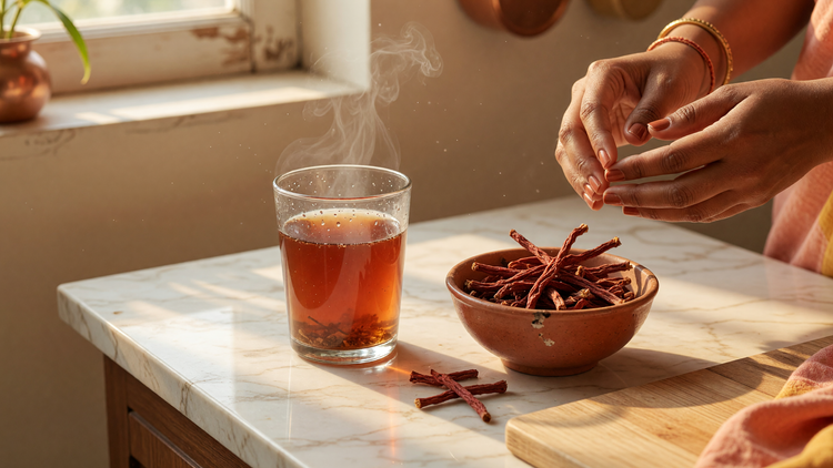 Hands preparing manjistha herbal tea with dried manjistha root and a steaming glass of reddish tea in a bright kitchen