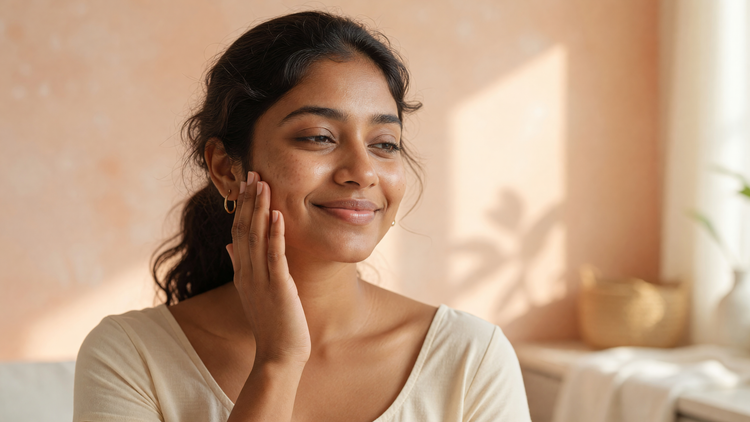An Indian woman with calm, clearing skin gently touching her cheek in a warm, sunlit room.