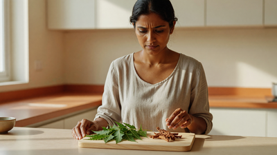 Indian woman in a sunlit kitchen comparing fresh green neem leaves against dried reddish-brown manjistha root on a wooden board