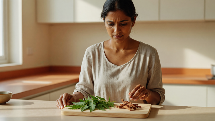 Indian woman in a sunlit kitchen comparing fresh green neem leaves against dried reddish-brown manjistha root on a wooden board