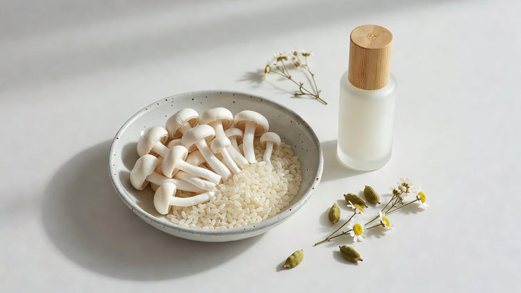 Koji mushrooms and rice grains in ceramic bowl beside skincare serum, kojic acid ingredient
