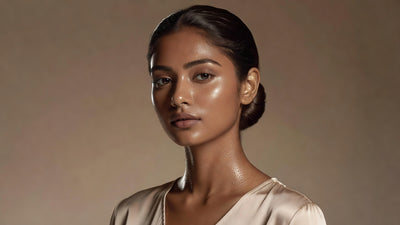 Young Indian woman with extraordinary glass skin showing luminous dewy glow, warm brown skin tone