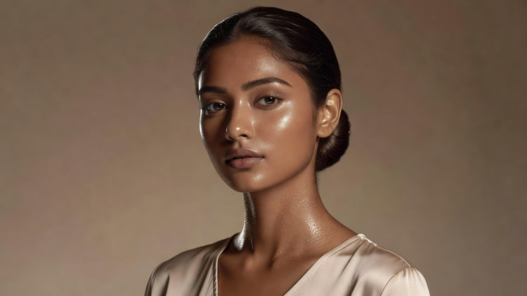 Young Indian woman with extraordinary glass skin showing luminous dewy glow, warm brown skin tone