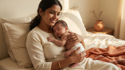 Indian mother with warm brown skin and clear even skin smiling as she holds her sleeping newborn in soft golden bedroom light