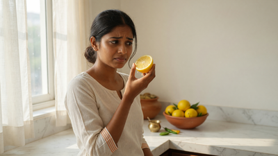 Indian woman in a kitchen holding a cut lemon half near her cheek, questioning whether to apply lemon juice to her face