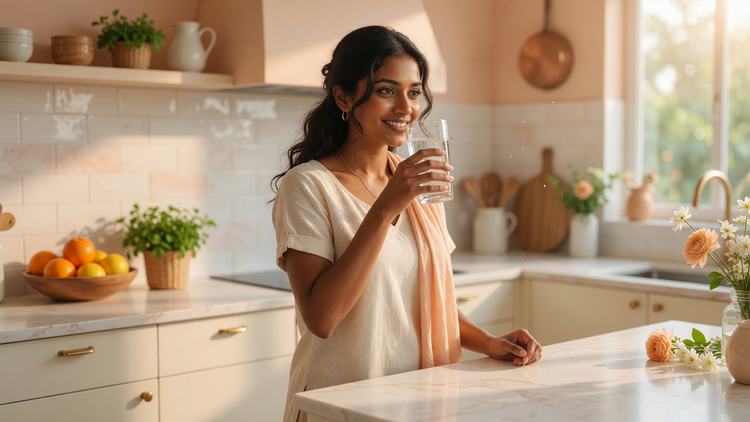 Indian woman with radiant glowing skin drinking a glass of water in a bright kitchen