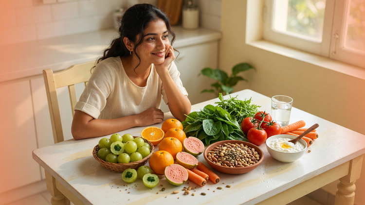 Indian woman at a table of skin-friendly foods — amla, oranges, guava, greens, nuts and curd — for glowing skin from within.