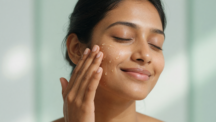 Indian woman with clear smooth glowing skin applying serum to her cheek