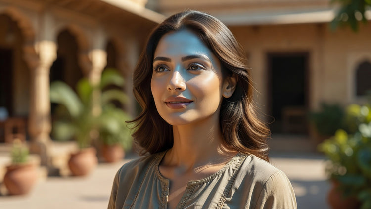 Indian woman with glowing even-toned matte skin in sunlight, niacinamide sunscreen dual benefit