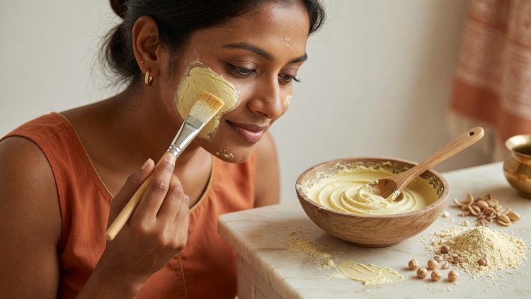 Indian woman applying a besan (gram flour) face pack with a brush beside a bowl of gram flour paste