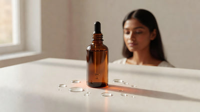 Amber serum dropper bottle on a clean cream background with warm niacinamide and zinc tones