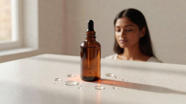 Amber serum dropper bottle on a clean cream background with warm niacinamide and zinc tones