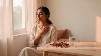 Indian woman with clear glowing skin sitting calmly beside dried manjistha roots and a glass of water in warm morning light