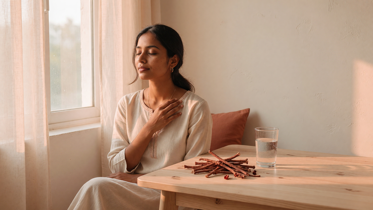 Indian woman with clear glowing skin sitting calmly beside dried manjistha roots and a glass of water in warm morning light