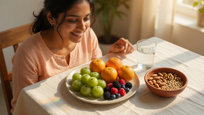 Indian woman at a sunlit table with whole amla, oranges, berries, nuts and a glass of water for glowing skin