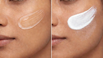Split editorial showing chemical vs mineral sunscreen texture on Indian skin