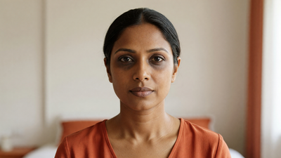 Indian woman with warm brown skin in soft daylight showing natural under-eye darkness and tear-trough shadowing