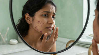Indian woman examining deep cystic acne along her jaw in a mirror