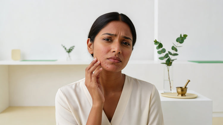 Indian woman touching jawline showing hormonal acne breakouts