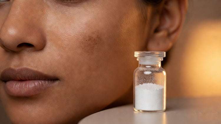 Indian woman's cheek with fading dark spot beside alpha arbutin powder vial