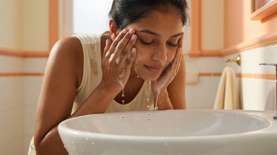 Indian woman washing her face with water at a basin
