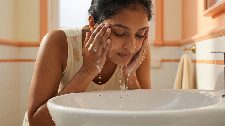 Indian woman washing her face with water at a basin