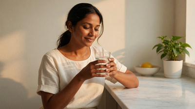 Indian woman with warm brown skin in a calm sunlit kitchen holding a glass of water, a relaxed inside-out wellness moment
