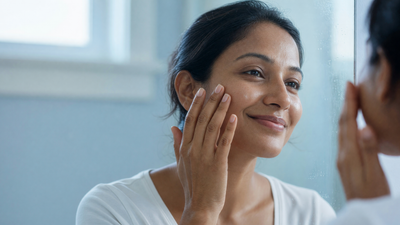 An Indian woman in her early thirties with smooth, hydrated skin gently touching her cheek at a mirror in cool daylight