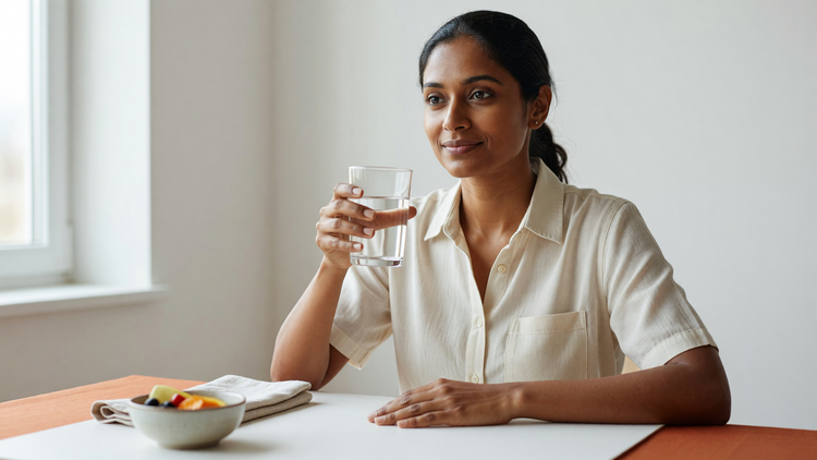 Indian woman at a sunlit breakfast table pausing with a glass of water, an inside-out approach to skin from within