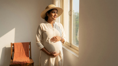 Pregnant Indian woman in a wide-brimmed straw sun hat standing in warm daylight beside a window, protecting her skin from the sun