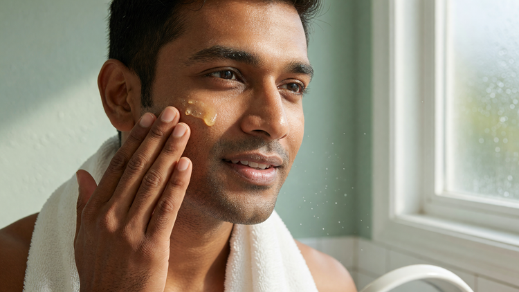 Young Indian man with clear, healthy skin applying skincare serum to his cheek in bright natural light, illustrating a simple skincare routine for men in India