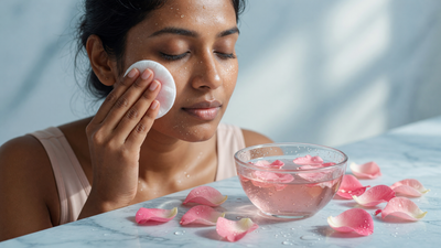 Indian woman patting rose water onto her face with a cotton pad beside a bowl of rose water and petals