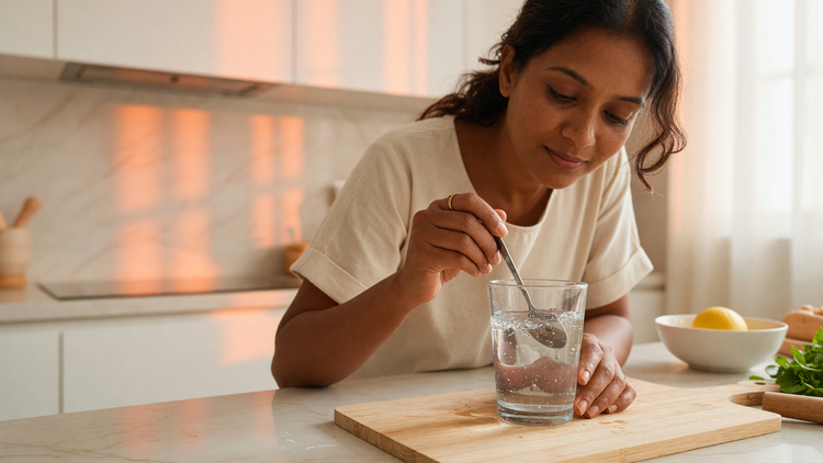 Indian woman with warm brown skin in a bright kitchen stirring drops into a clear glass of water