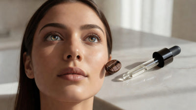 Indian woman's bright eyes with no puffiness, coffee bean and serum dropper nearby, caffeine skincare