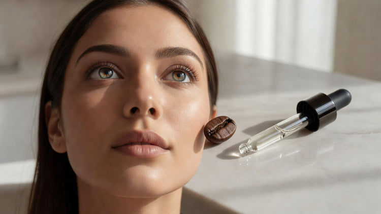 Indian woman's bright eyes with no puffiness, coffee bean and serum dropper nearby, caffeine skincare