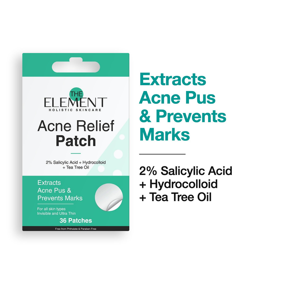 The Element Acne Relief Patch — 36 hydrocolloid pimple patches with 2% Salicylic Acid, Hydrocolloid and Tea Tree Oil. Extracts acne pus and prevents marks.