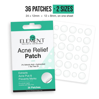 Acne Relief Patch pack with its sheet of 36 clear patches in 2 sizes: 24 × 12mm and 12 × 8mm