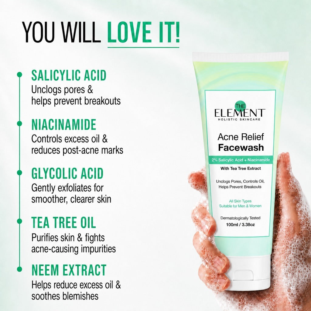 Acne Relief Face Wash — key ingredients: Salicylic Acid, Niacinamide, Tea Tree, Neem