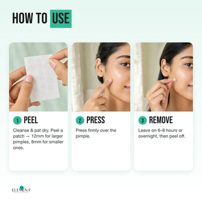How to use: peel a patch, press it over the pimple, remove after 6–8 hours or overnight