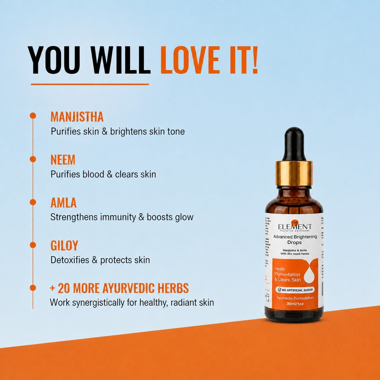 Key herbs in The Element Advanced Brightening Drops — Manjistha, Neem, Amla, Giloy and 20+ more Ayurvedic herbs