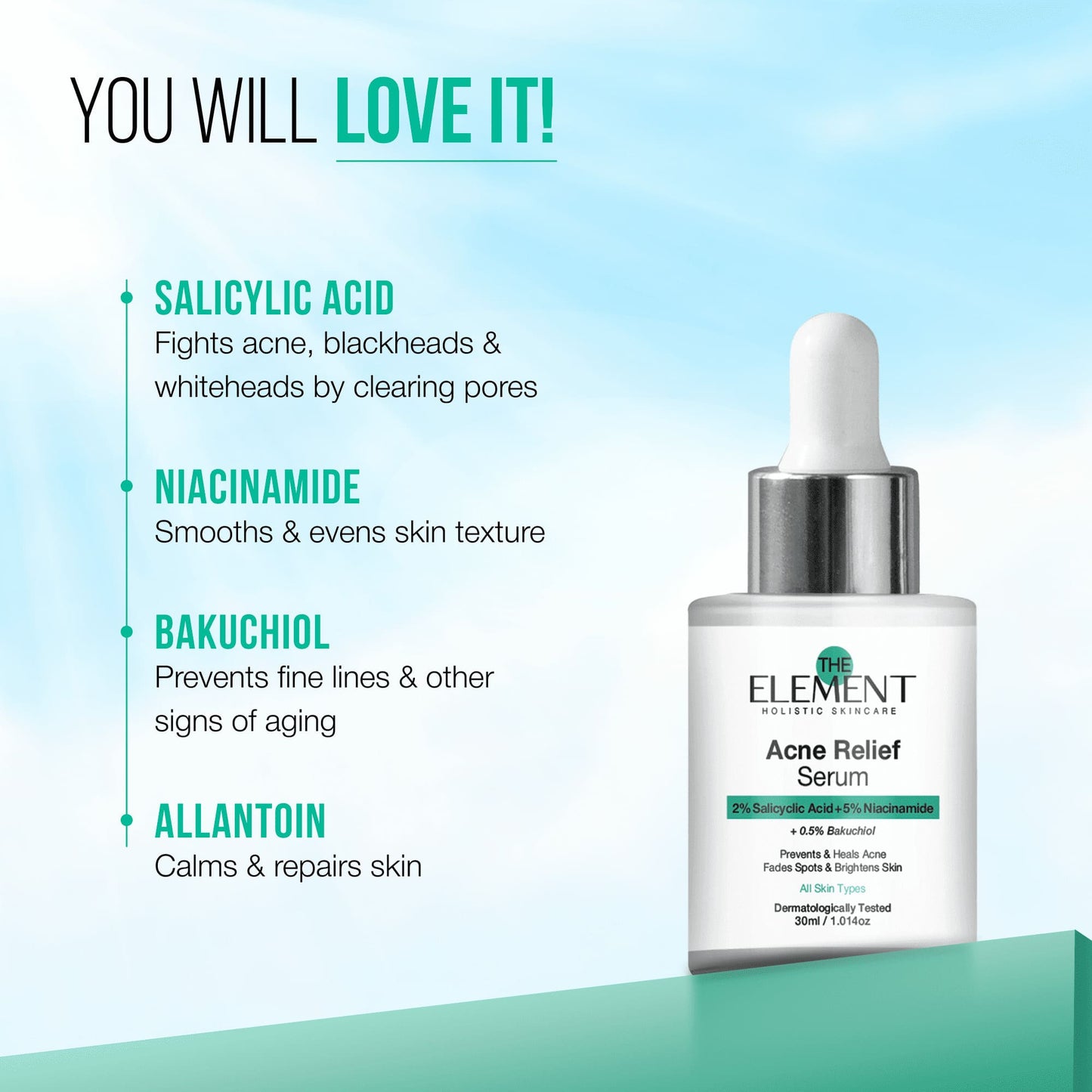 Acne Relief Serum key ingredients — 2% Salicylic Acid, 5% Niacinamide, Bakuchiol and Allantoin