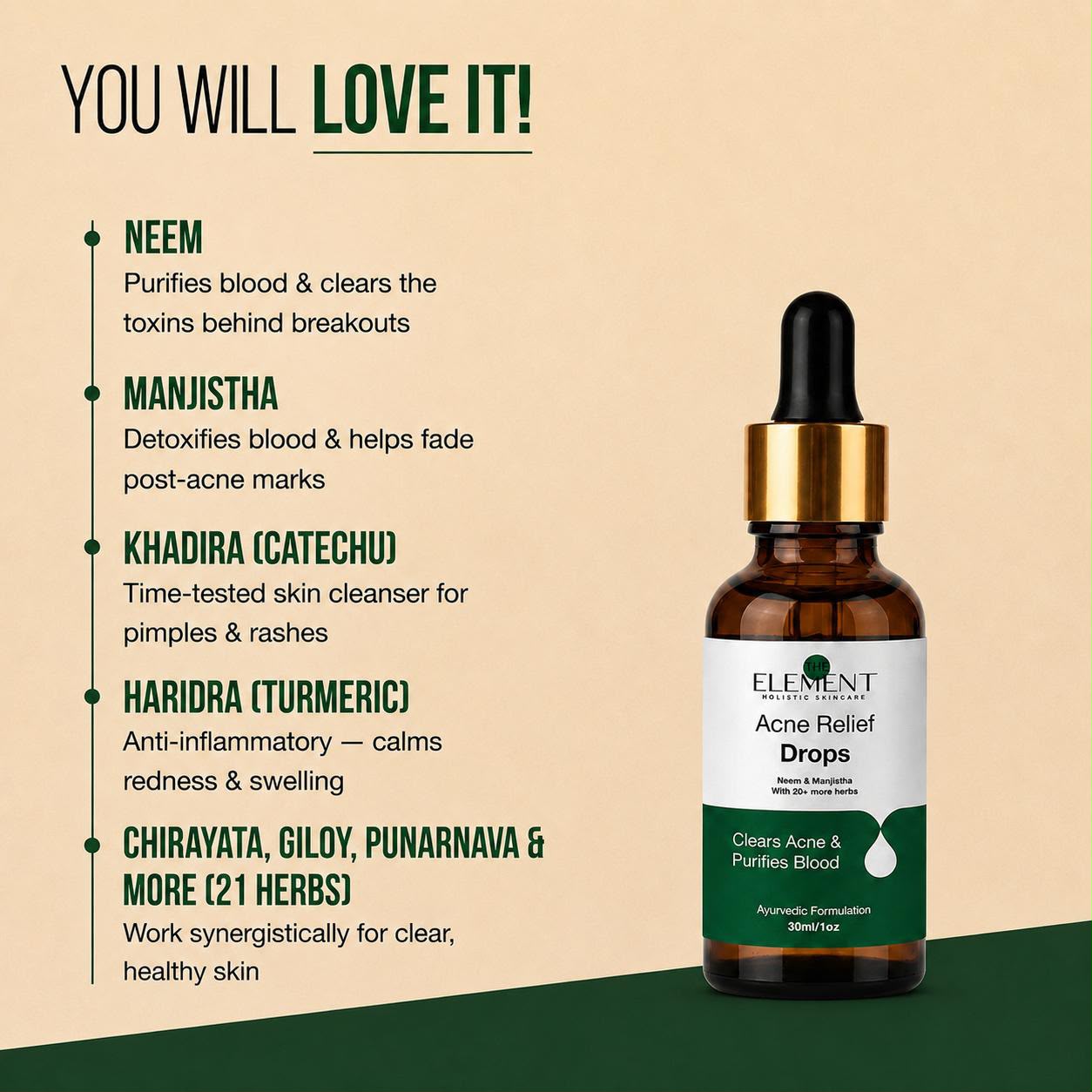 Ayurvedic Acne Relief Drops — key herbs: Neem, Manjistha, Khadira, Haridra, Giloy