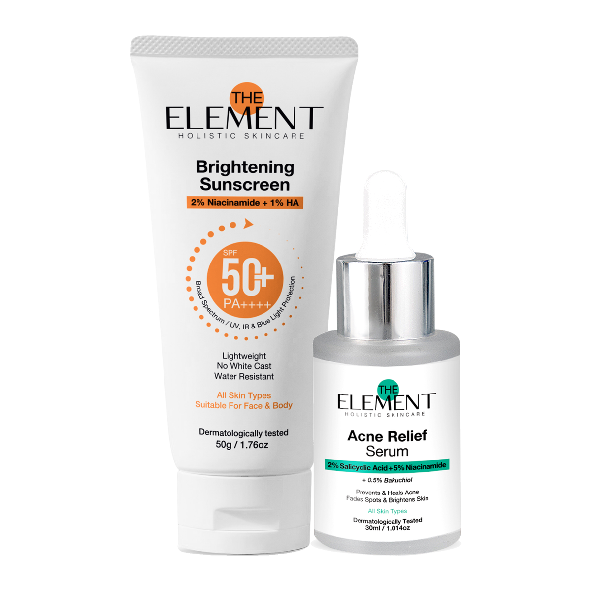 The Element Clear and Bright Skin Combo — Acne Relief Serum and Brightening Sunscreen SPF 50