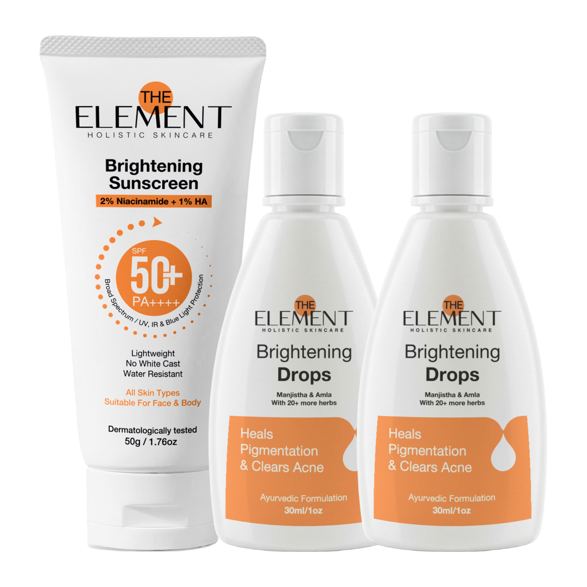 The Element Inside-Out Brightening Duo 1 Month Pack — Brightening Sunscreen SPF 50 and two Ayurvedic Brightening Drops