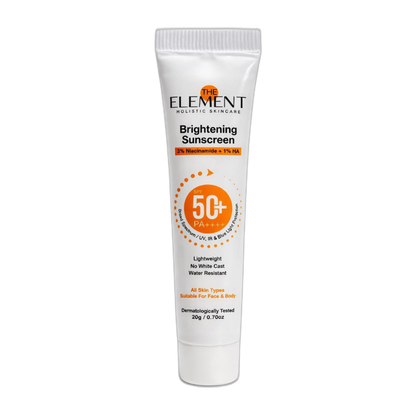 The Element Brightening Sunscreen SPF 50 PA++++ 20g travel size with 2% Niacinamide