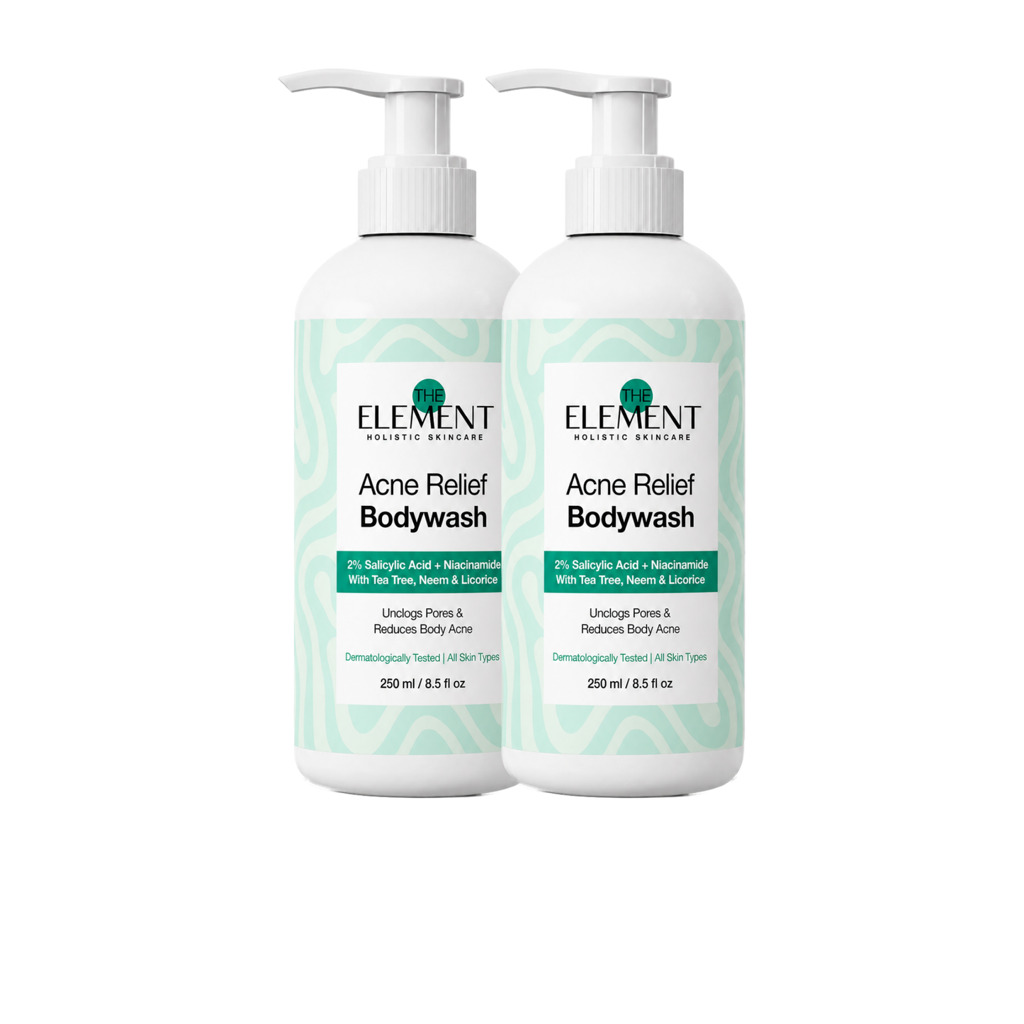 Pack of 2 — two bottles of The Element Acne Relief Bodywash 250ml with 2% Salicylic Acid, Niacinamide, Tea Tree, Neem and Licorice