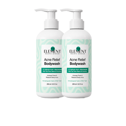 Pack of 2 — two bottles of The Element Acne Relief Bodywash 250ml with 2% Salicylic Acid, Niacinamide, Tea Tree, Neem and Licorice